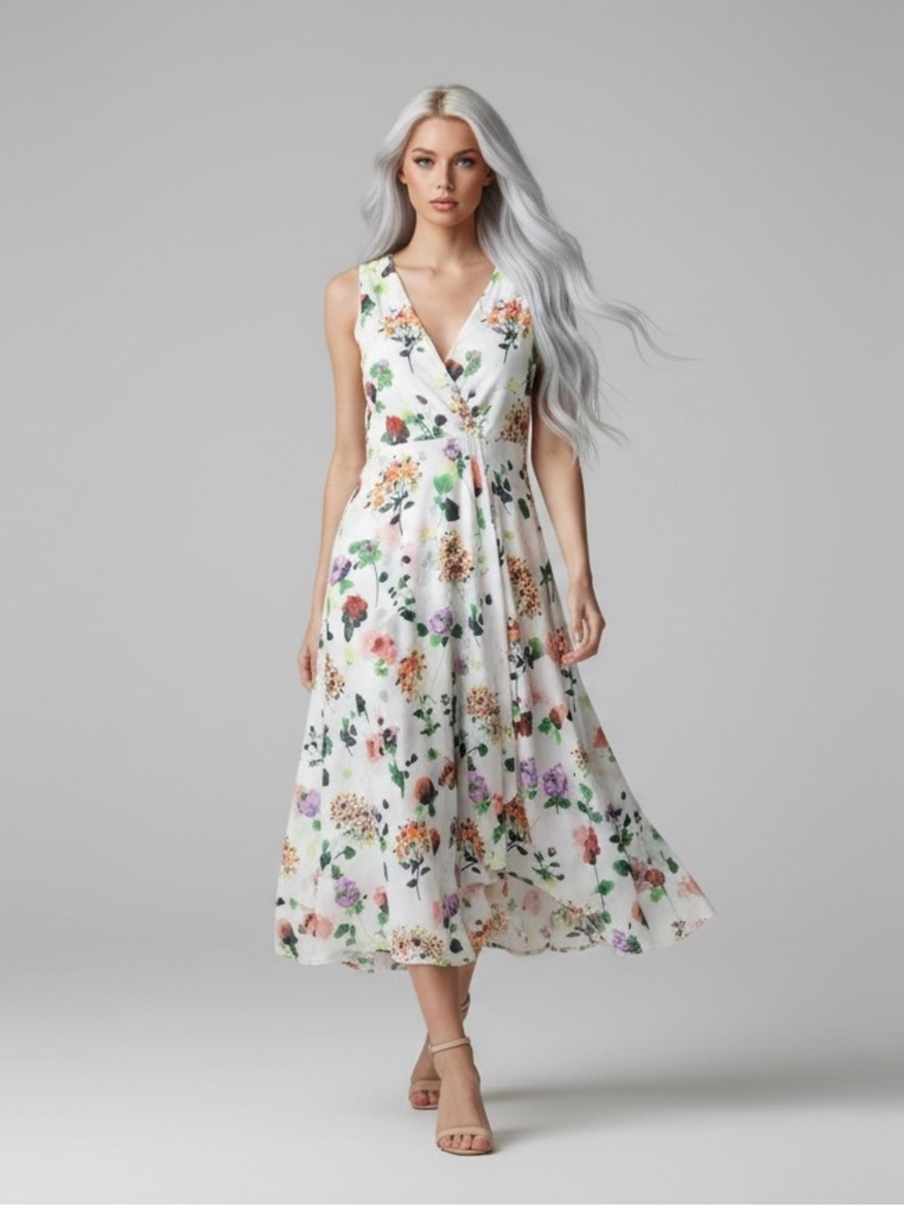 Calvin Klein Polyester Crepe Floral White Slip Midi Dress Size 6